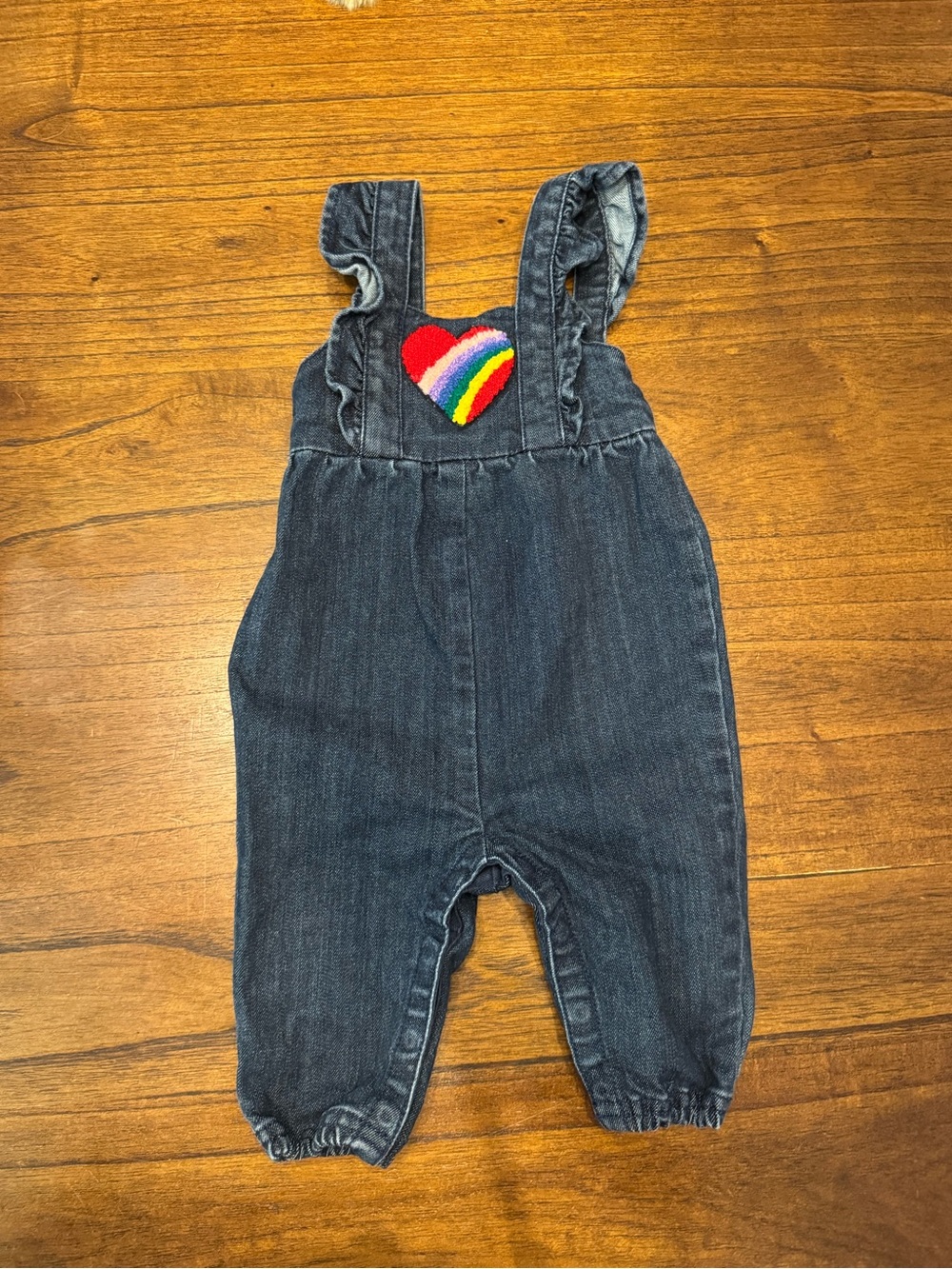 Hanna Andersson Dark Denim Overalls with Rainbow Heart Patch
